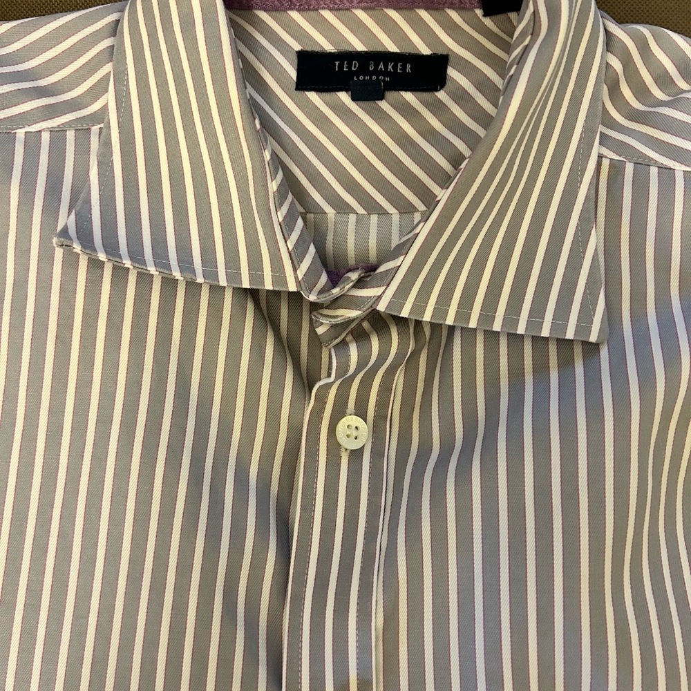 Ted Baker Men's Shirt with Purple-Gray and White Stripes